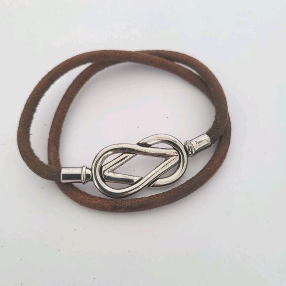 Authentic HERMES Atame Silvertone x Brown Leather Choker Double Bracelet - Picture 1 of 5